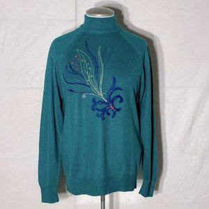 VINTAGE St Michael Green Embroidered Mock  Neck Sweater M